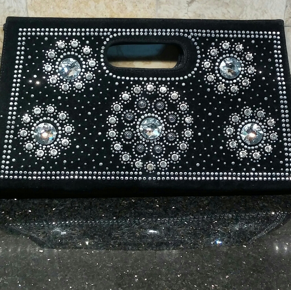 JEWELED CRYSTALS EVENING CLUTCH BAG BLACK